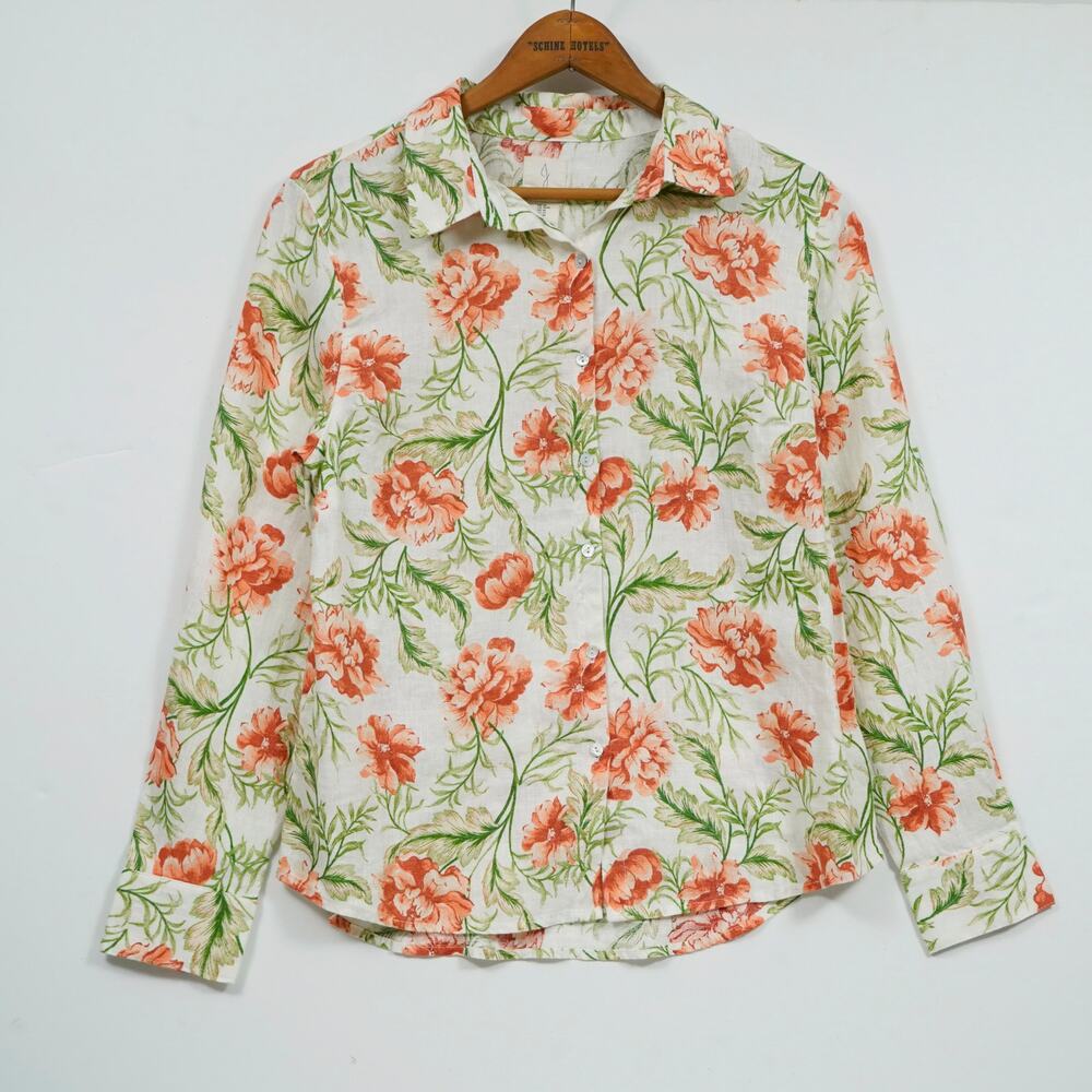 Joie 100% Linen Floral Button Down Shirt Women's M White Orange Green 19.5x23